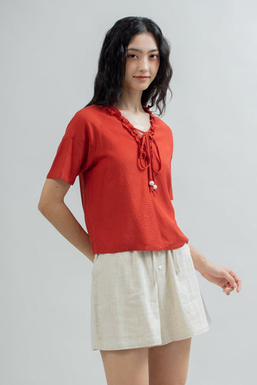Sierra Ruffled V Neck Blouse (Red)