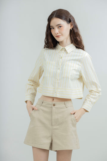 Lana Stripes Pockets Crop Shirt (Yellow Stripes)