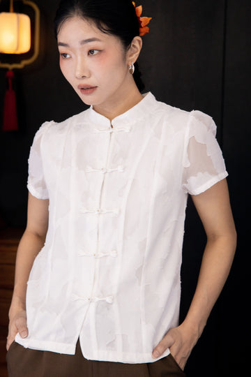 Pure Elegance Chiffon Embroidery Cheongsam Top (White)