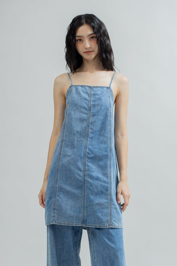 Panel Seam Denim Strap Dress (Washed Denim)
