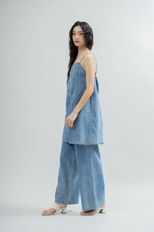 Panel Seam Denim Strap Dress (Washed Denim)