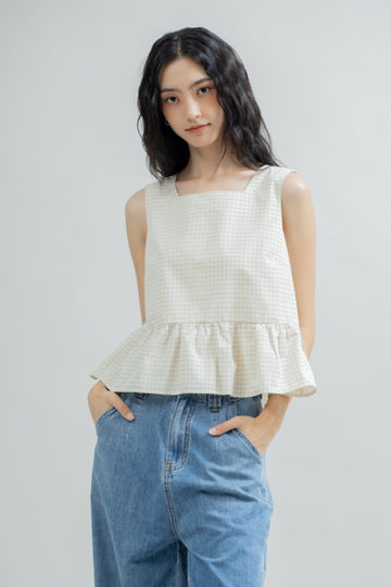 Poppy Plaid Sleeveless Square Neck Top (Beige Checked)