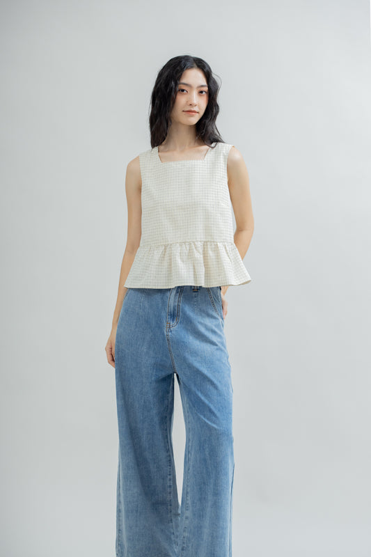 Poppy Plaid Sleeveless Square Neck Top (Beige Checked)