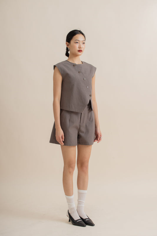 Diagonal Cut Button Sleeveless Top (Grey)