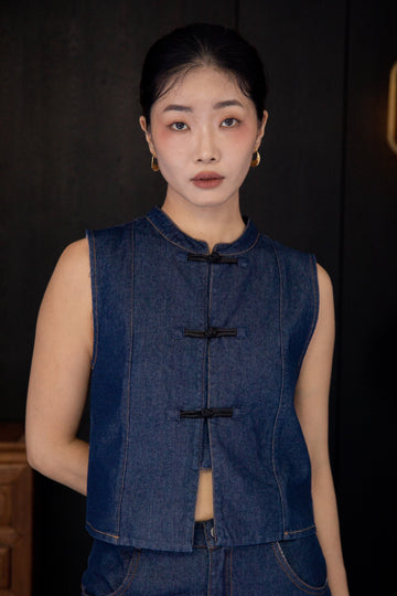 Sleeveless Cheongsam Denim Top (Denim)