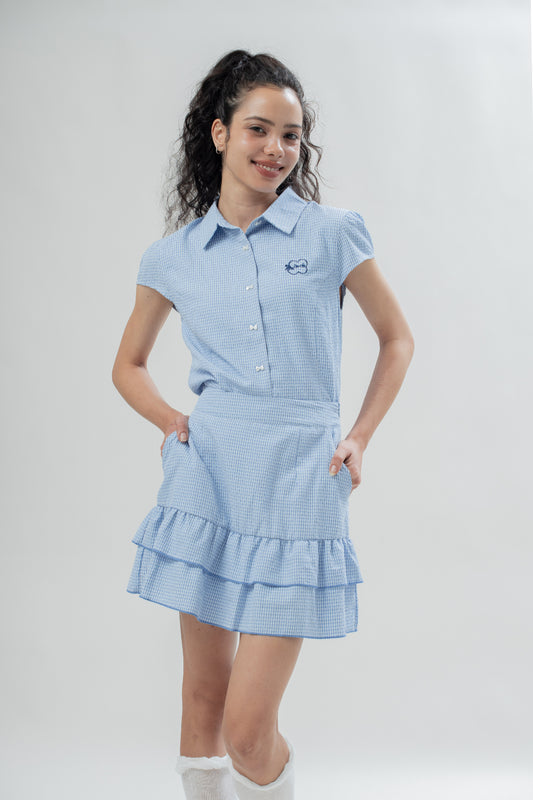 LULU Bow Embroidery Gingham Tiered Skirt (Light Blue)