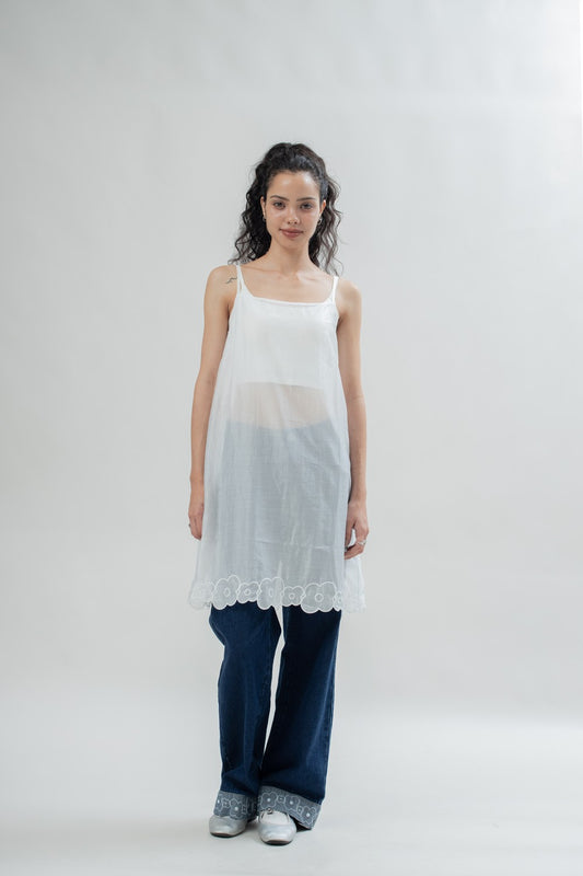 LULU Sheer Floral Trim Strappy Dress (Ivory)