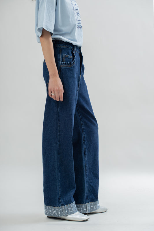 LULU Embroidered Floral Trim Jeans (Dark Denim)