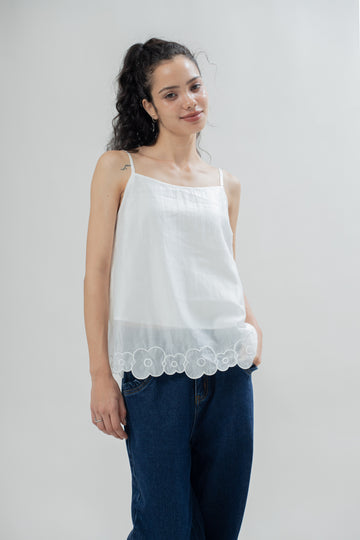 LULU Sheer Floral Trim Strappy Top (Ivory)