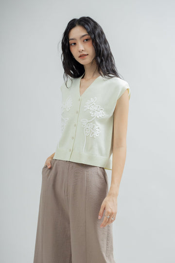 Rope Embroidery Button Knit Vest  (Pastel Green)