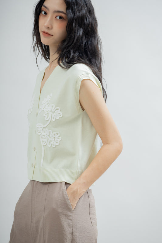 Rope Embroidery Button Knit Vest  (Pastel Green)