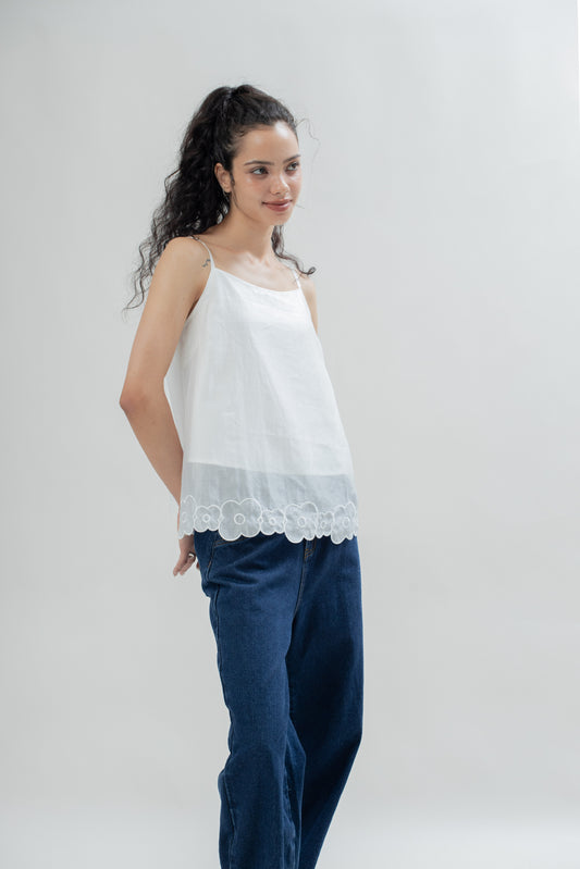 LULU Sheer Floral Trim Strappy Top (Ivory)