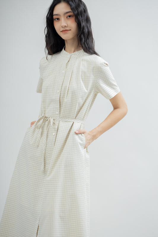Poppy Plaid Short Sleeve Dress (Beige Checked)