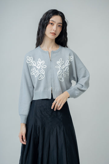 Rope Embroidery Zipper Knit Cardigan (Grey)