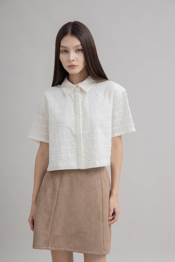 Texture Checkered Short Sleeve Top (Beige)
