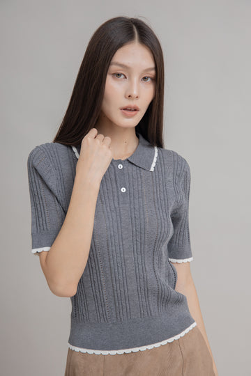 Scallop Trim Textured Polo Knit Top (Grey)