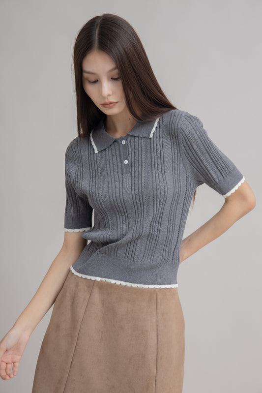 Scallop Trim Textured Polo Knit Top (Grey)