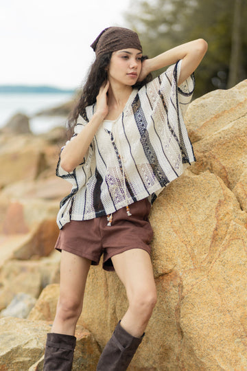 Miramar V-Neck Boxy Crochet Top (Beige Stripes)