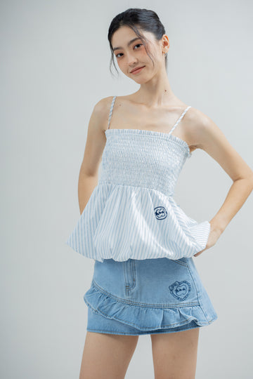 LULU Stripes Embroidery Bubble Hem Top (Blue Stripes)