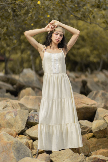 Beaded Straps Tiered Maxi Dress (Beige)