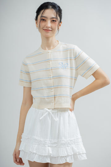 LULU Bow Button Striped Knit Top (Beige Stripes)