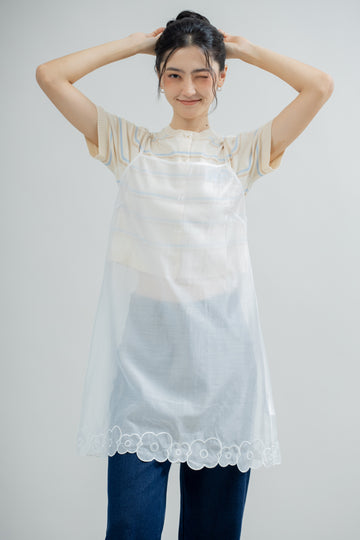 LULU Sheer Floral Trim Strappy Dress (Ivory)
