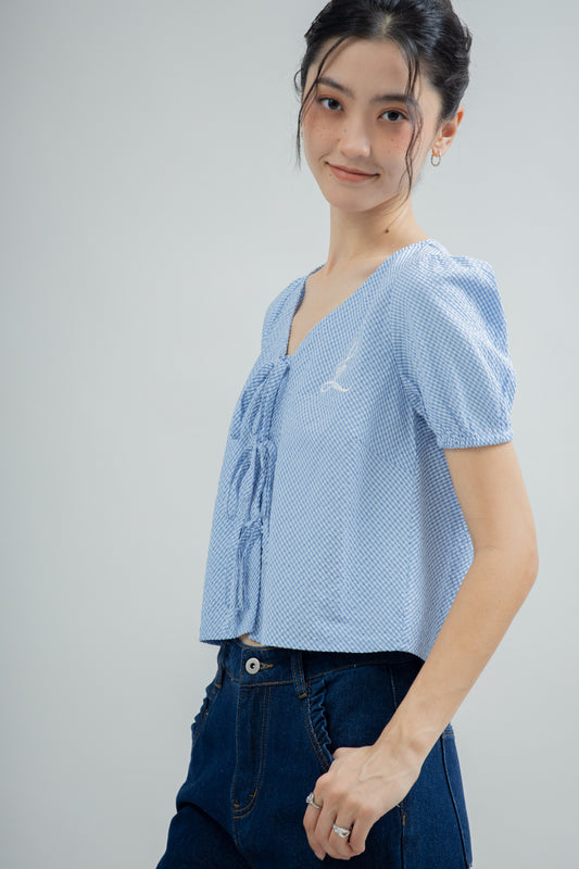 LULU Gingham Ribbon-Tie Blouse (Light Blue)