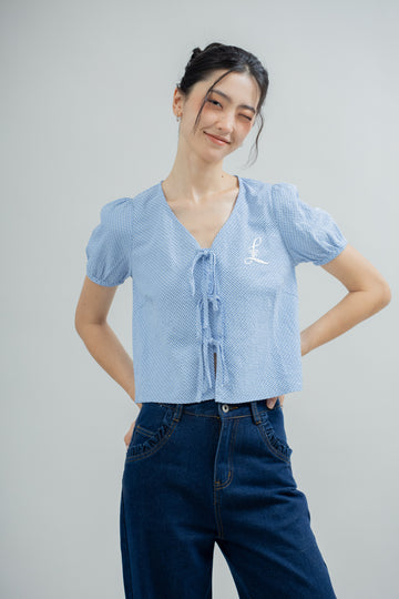 LULU Gingham Ribbon-Tie Blouse (Light Blue)