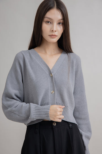 V Neck Button Knit Cardigan (Grey)