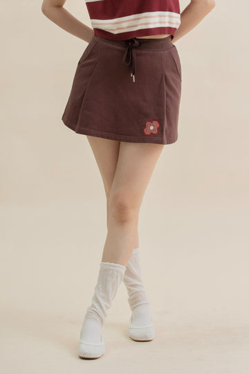 LULU Flower Embroidery Drawstring Skirt (Brown)