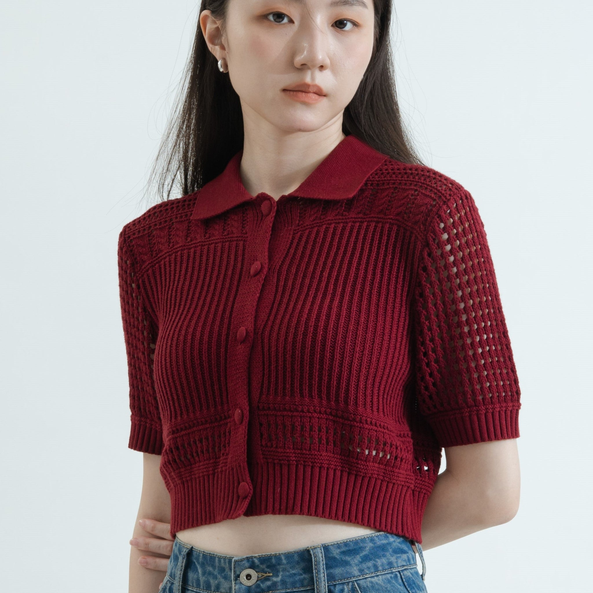 Textured Hollow Polo Knit Top (Red)