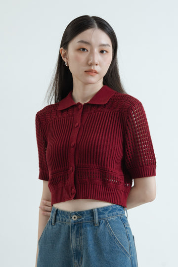 Textured Hollow Polo Knit Top (Red)