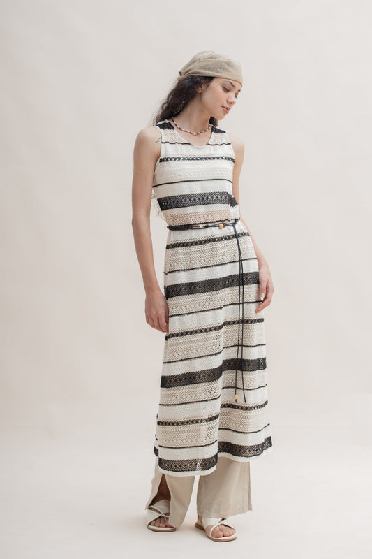 Contrast Stripes Crochet Maxi Dress (Beige Stripes)