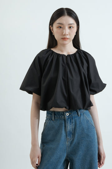 Two Way Pleated Balloon Sleeve Blouse (Black)