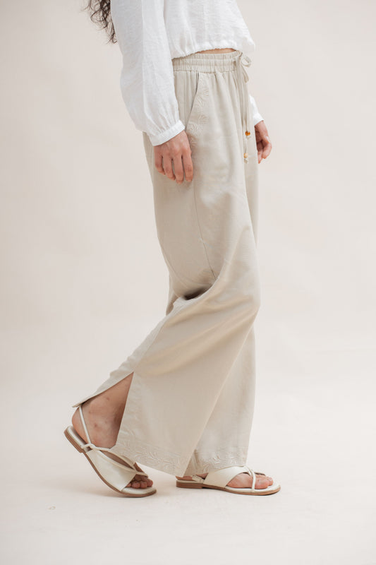 Gypsy Embroidery Open Slit Pants (Khaki)