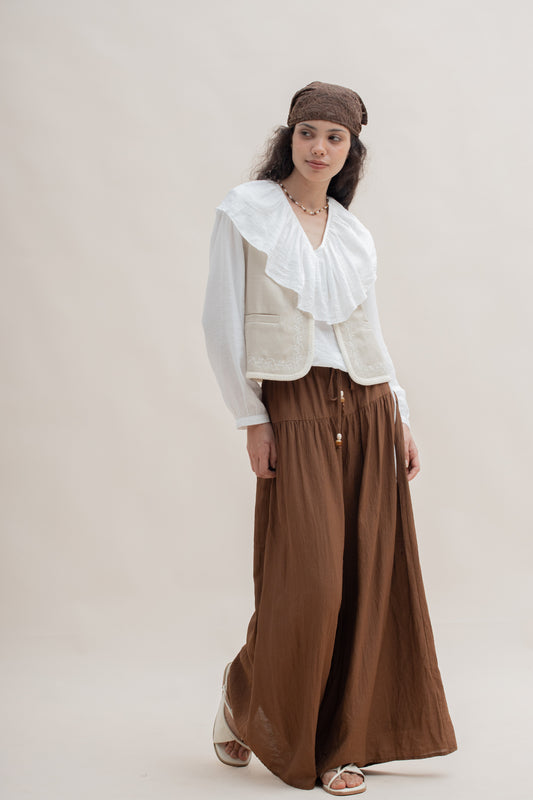 Breezy Tiered Wide Leg Drawstring Pants (Brown)