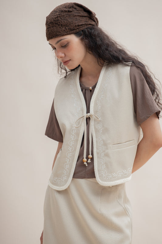 Folklore Double-Tie Embroidery Vest (Khaki)