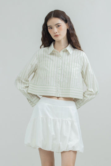 Lana Stripes Pockets Crop Shirt (Green Stripes)