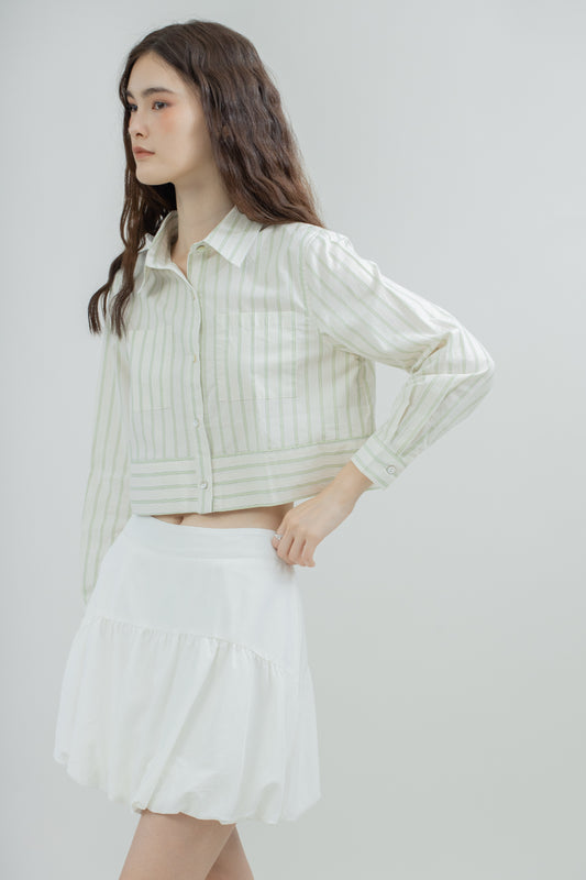 Lana Stripes Pockets Crop Shirt (Green Stripes)