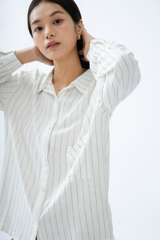 Emme Stripes Long Sleeve Linen Shirt (Ivory Stripes)