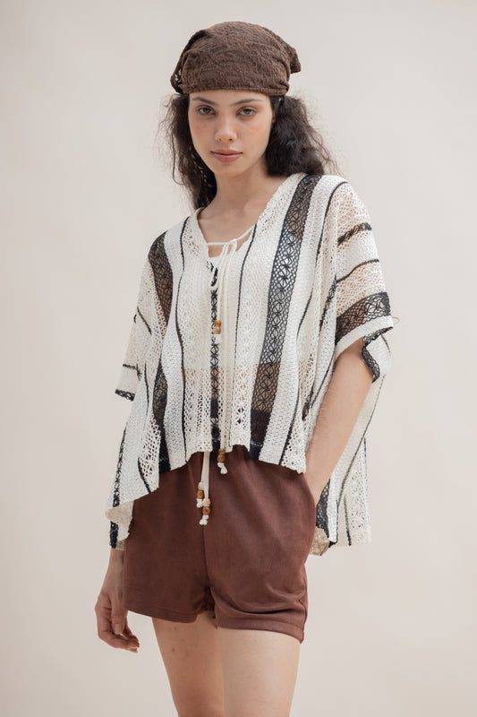 Miramar V-Neck Boxy Crochet Top (Beige Stripes)