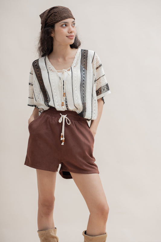 Cozy Suede Drawstring Shorts (Brown)