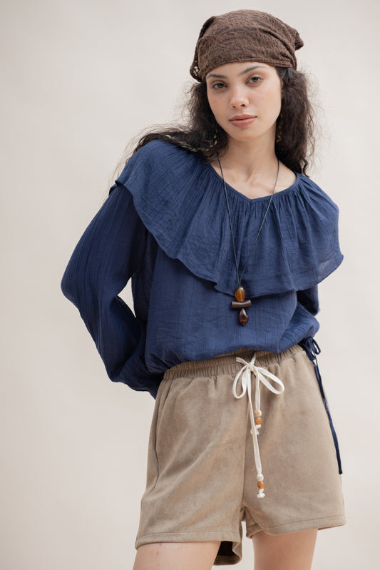 Colette Ruffled Collar Blouse (Navy)