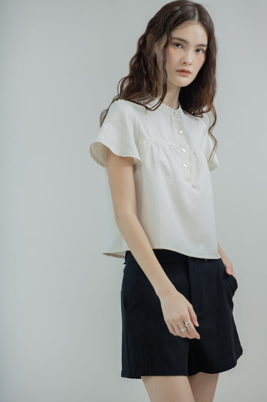 Front Shirred Stripey Blouse (Beige)