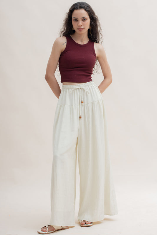 Breezy Tiered Wide Leg Drawstring Pants (Bone)