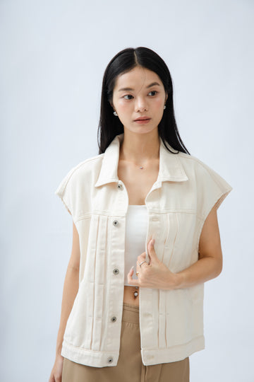 Maddy Pockets Denim Vest (Beige)