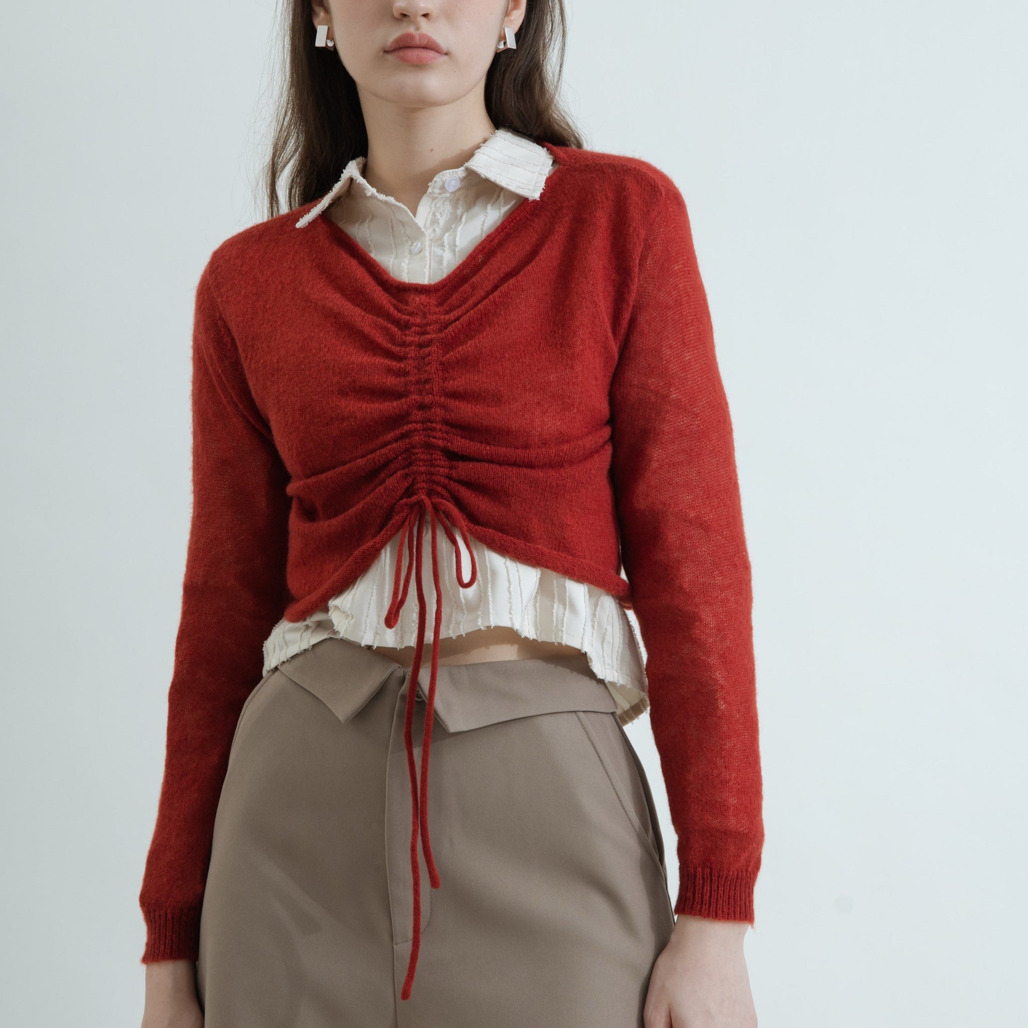 Layla Drawstring Long Sleeve Knit Top (Red)