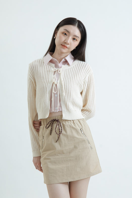 Eco Hollow Front-Tie Knit Cardigan (Beige)