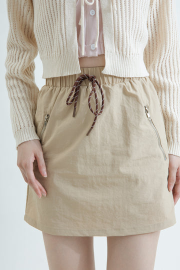 Zipper Pocket Drawstring Mini Cargo Skirt (Khaki)