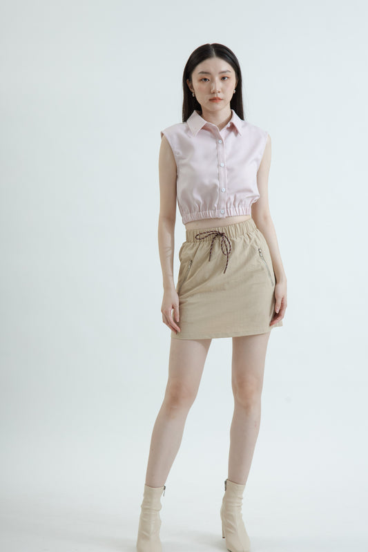 Elastic Button Down Collared Blouse (Pink)